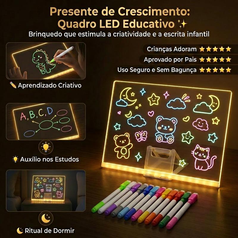 Quadro LED educativo com letras, números e desenhos
