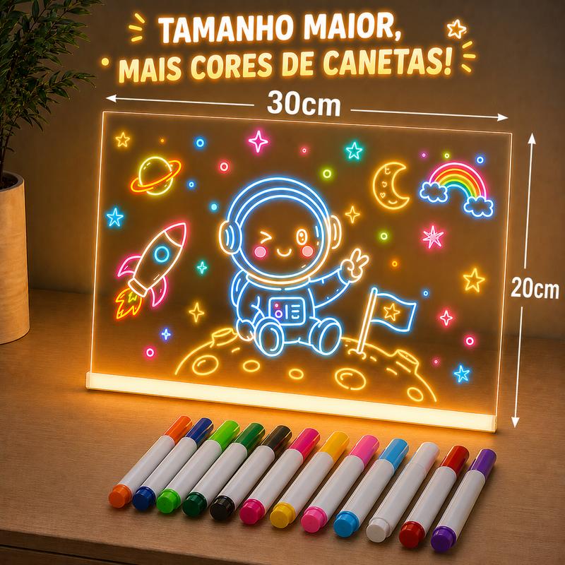 Lousa mágica LED 30x20cm acesa com desenho espacial e canetas coloridas
